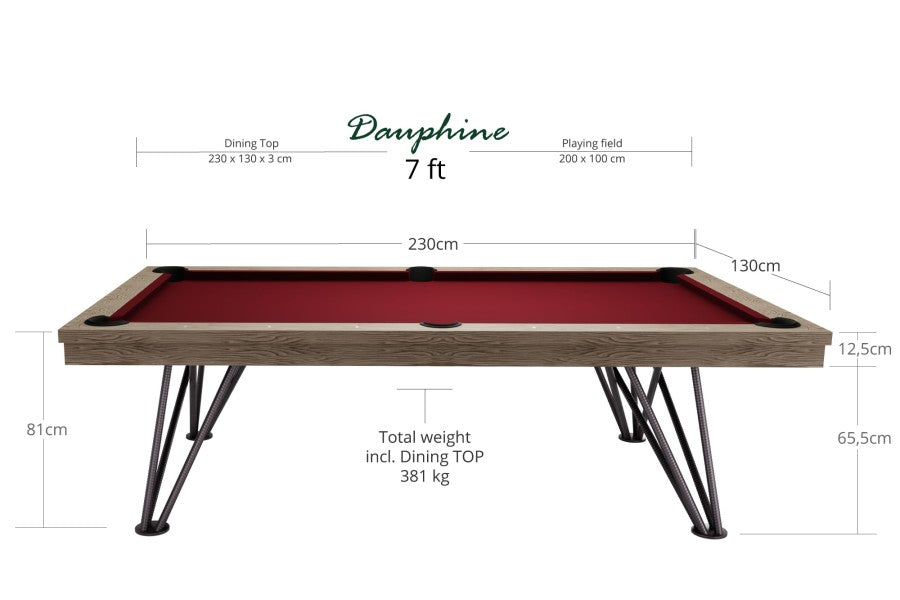 Billardtisch / Esstisch, Pool, Rasson Dauphine, gebeizte Eiche, 7 ft., Simonis 760 turnierblau