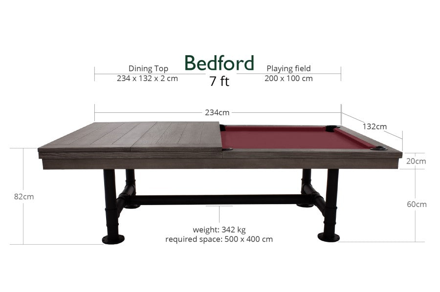 Billardtisch / Esstisch, Pool, Rasson Bedford, grau gebeizt, 7 ft., Clubtuch gelbgrün