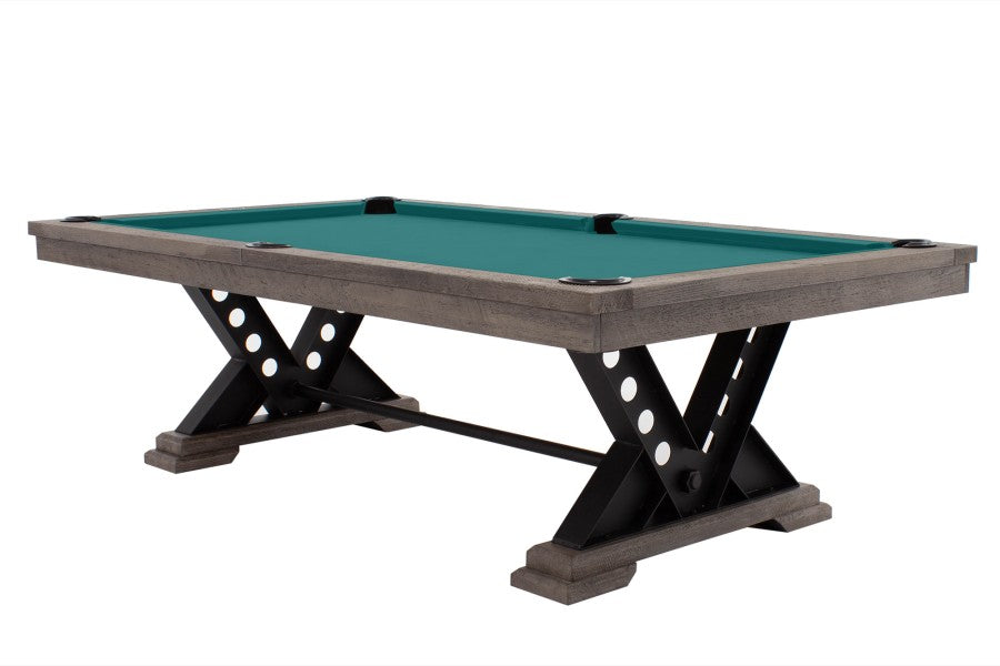 Billardtisch / Esstisch, Pool, Rasson Vienna, 8 ft. (Fuß), gebeiztes Holz mit Grauton-Trübung, Simonis 760 blaugrün
