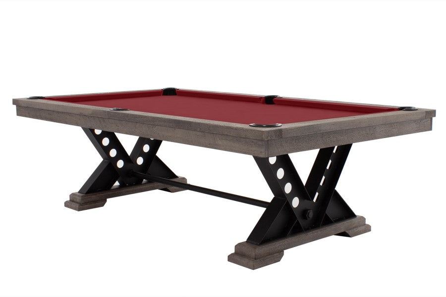 Billardtisch / Esstisch, Pool, Rasson Vienna, 8 ft. (Fuß), gebeiztes Holz mit Grauton-Trübung, Clubtuch burgund