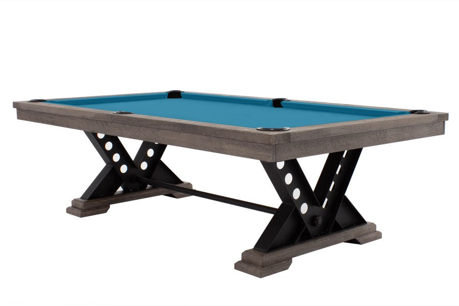 Billardtisch / Esstisch, Pool, Rasson Vienna, 8 ft. (Fuß), gebeiztes Holz mit Grauton-Trübung, Clubtuch elektrikblau