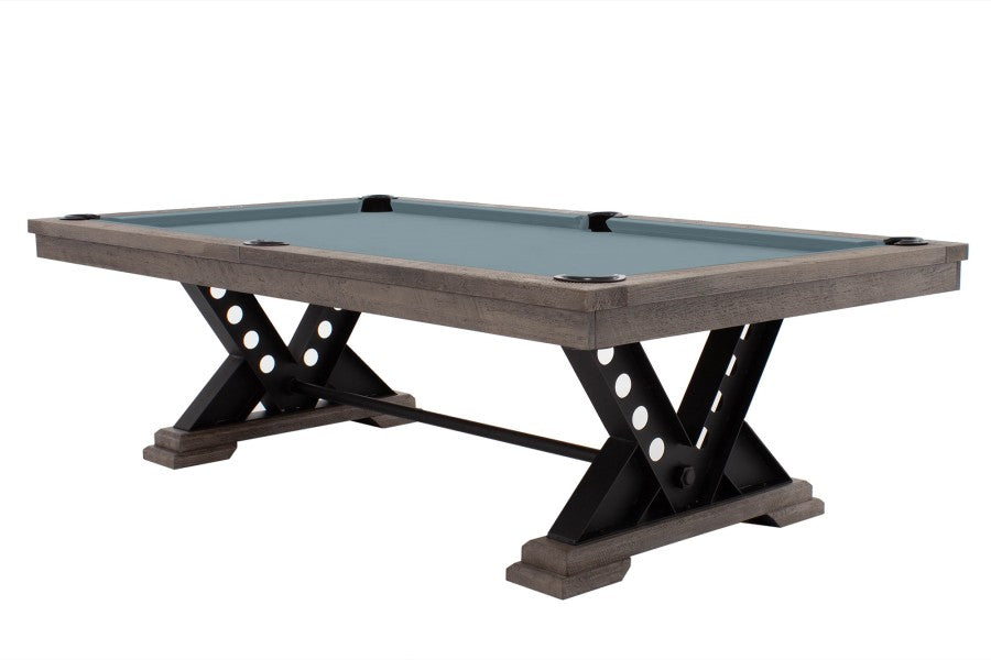 Billardtisch / Esstisch, Pool, Rasson Vienna, 8 ft. (Fuß), gebeiztes Holz mit Grauton-Trübung, Simonis 760 puderblau