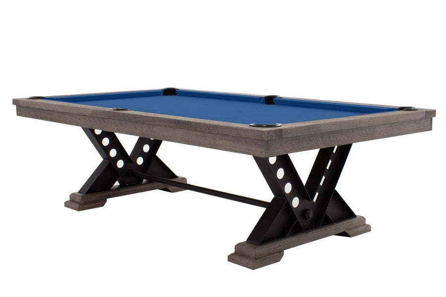 Billardtisch / Esstisch, Pool, Rasson Vienna, 8 ft. (Fuß), gebeiztes Holz mit Grauton-Trübung, Simonis 760 royalblau