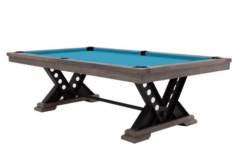 Billardtisch / Esstisch, Pool, Rasson Vienna, 8 ft. (Fuß), gebeiztes Holz mit Grauton-Trübung, Simonis 760 turnierblau