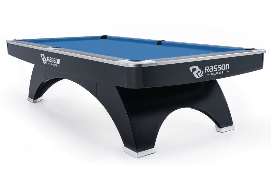Billardtisch, Pool, Rasson Ox, 9 ft. (Fuß), schwarz, MATCHROOM Taschenmaß, Simonis 760 elektrikblau