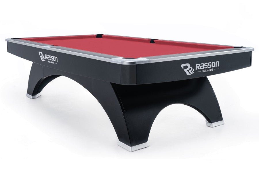 Billardtisch, Pool, Rasson Ox, 9 ft. (Fuß), schwarz, EPBF Taschenmaß, Simonis 760 rot