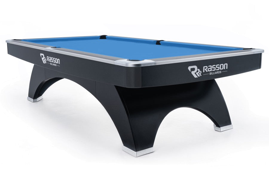 Billardtisch, Pool, Rasson Ox, 9 ft. (Fuß), schwarz, MATCHROOM Taschenmaß, Simonis 860 turnierblau