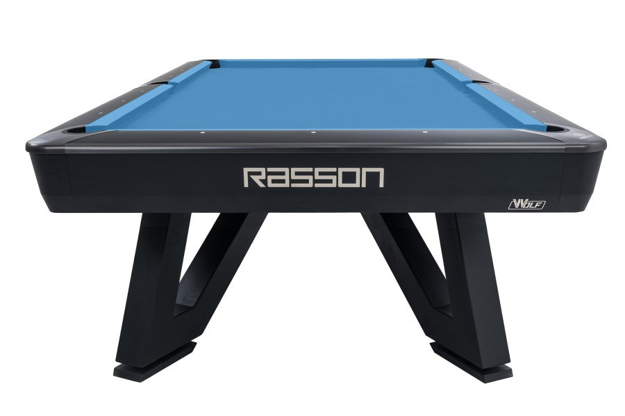 Billardtisch, Pool, Rasson Wolf, 9 ft. (Fuß), schwarz, EPBF Taschenmaß, Simonis 860 puderblau