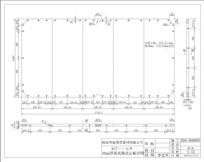 Schieferplatte 9 ft. (Fuß) für Snooker, 38 mm, fünfteilig