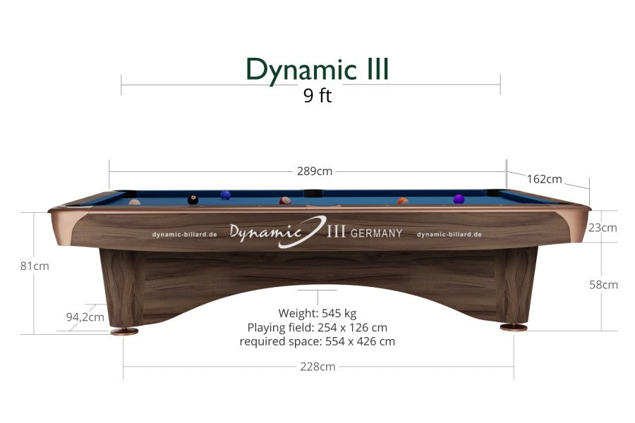 Billardtisch, Pool, Dynamic III, 9 ft. (Fuß), modern-braun, gebraucht, Simonis 760 royalblau