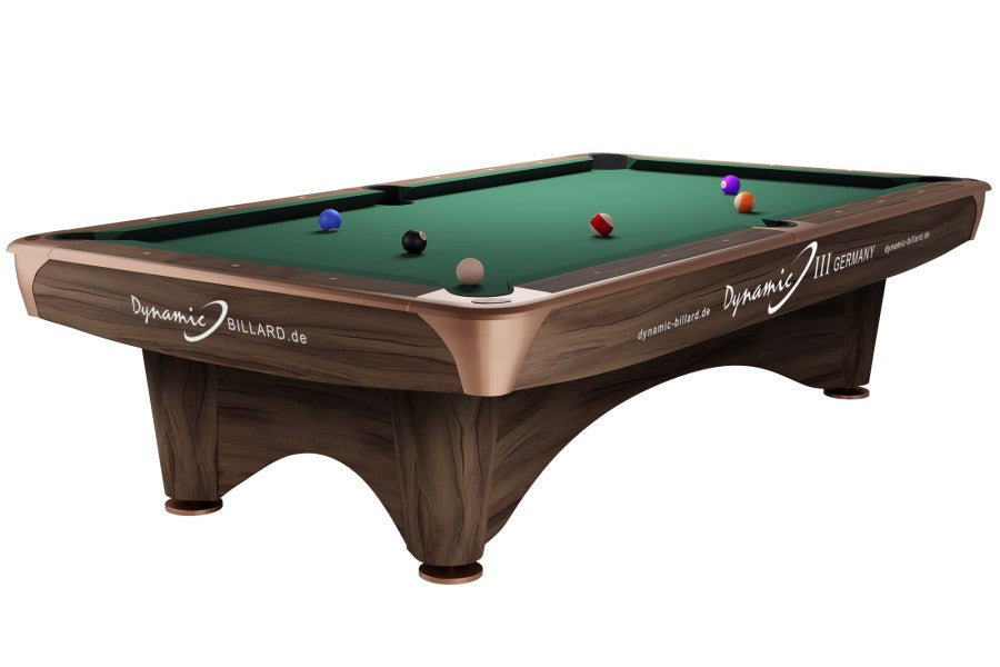 Billardtisch, Pool, Dynamic III, 9 ft. (Fuß), modern-braun, gebraucht, Simonis 860 gelbgrün