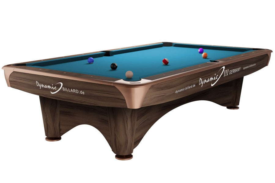 Billardtisch, Pool, Dynamic III, 9 ft. (Fuß), modern-braun, gebraucht, Simonis 860 turnierblau