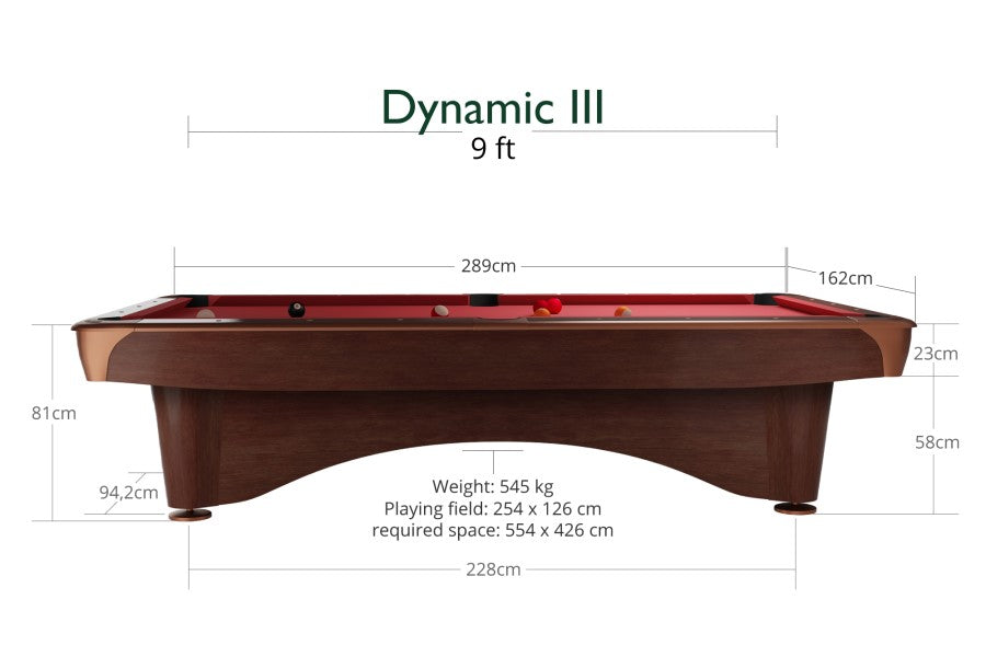 Billardtisch, Pool, Dynamic III, braun, 9 ft., Simonis 760 gelbgrün