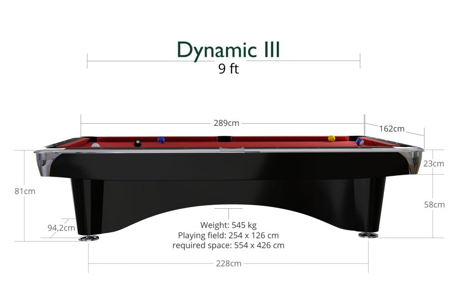 Billardtisch, Pool, Dynamic III, glänzend-schwarz, 9 ft. (Fuß), Simonis 860 turnierblau