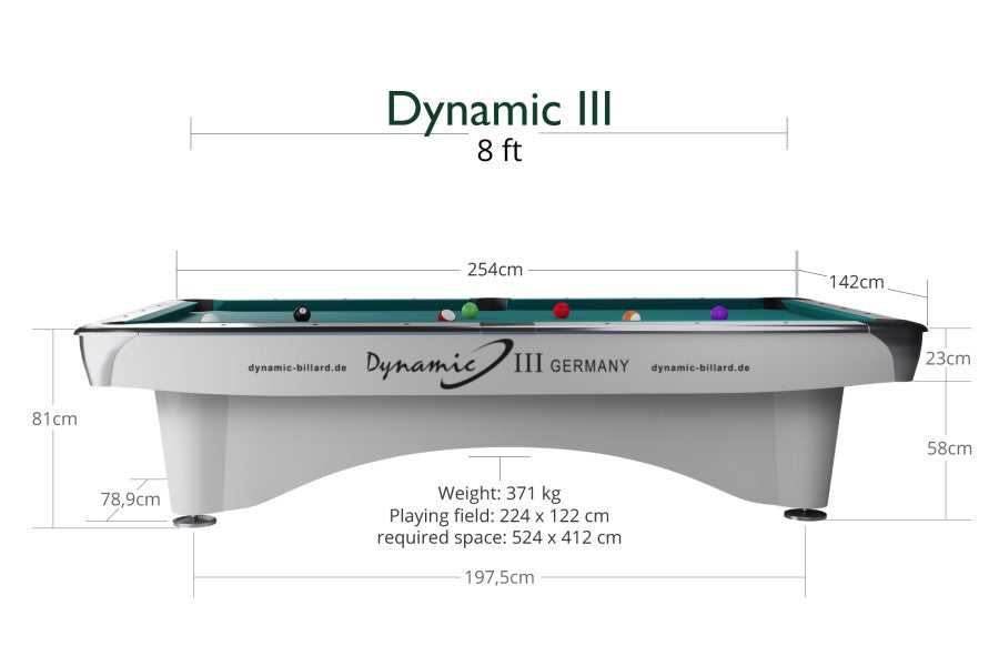 Billardtisch, Pool, Dynamic III, glänzend-weiß, gebraucht, 9 ft. (Fuß), Simonis 760 blaugrün
