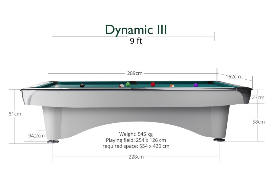 Billardtisch, Pool, Dynamic III, glänzend-weiß, 9 ft. (Fuß), Simonis 860 gelbgrün