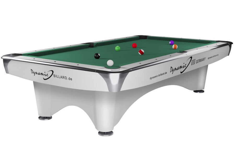 Billardtisch, Pool, Dynamic III, glänzend-weiß, gebraucht, 9 ft. (Fuß), Simonis 860 gelbgrün