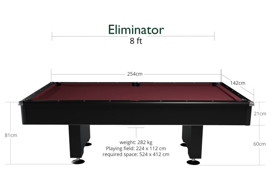 Billardtisch, Pool, Eliminator, 8 ft. (Fuß), schwarz, Clubtuch in 4 Farben wählbar (ohne Aufpreis), Clubtuch burgund (ohne Aufpreis)