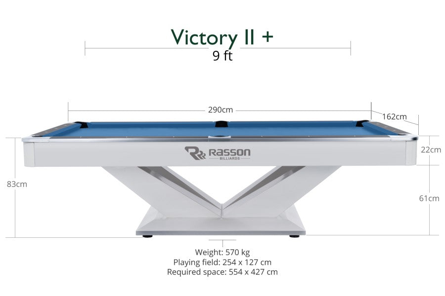 Billardtisch, Pool, Rasson Victory II Plus, weiß, 9 ft., Simonis 760 blaugrün