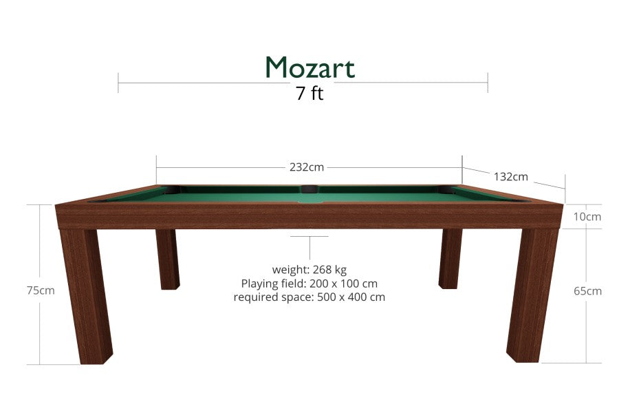 Billardtisch / Esstisch, Pool, Mozart, 7 ft. (Fuß), mahagoni, Clubtuch gelbgrün