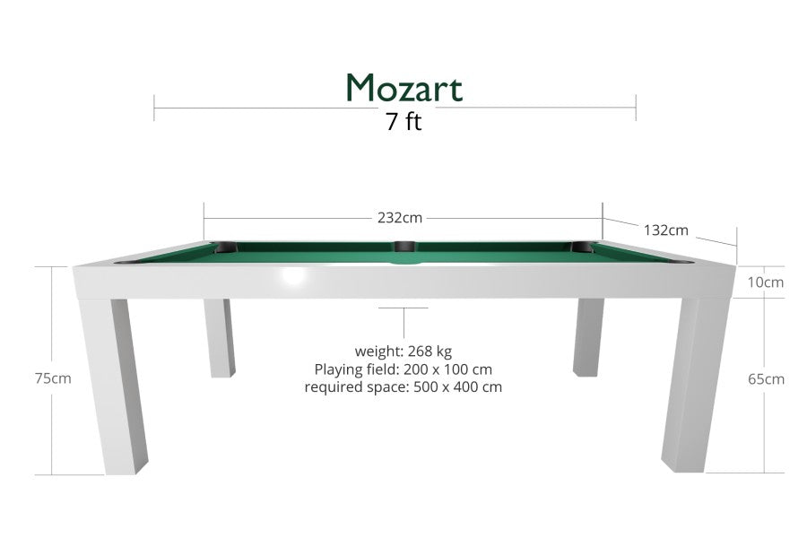 Billardtisch / Esstisch, Pool, Mozart, 7 ft. (Fuß), matt-weiß, Clubtuch gelbgrün