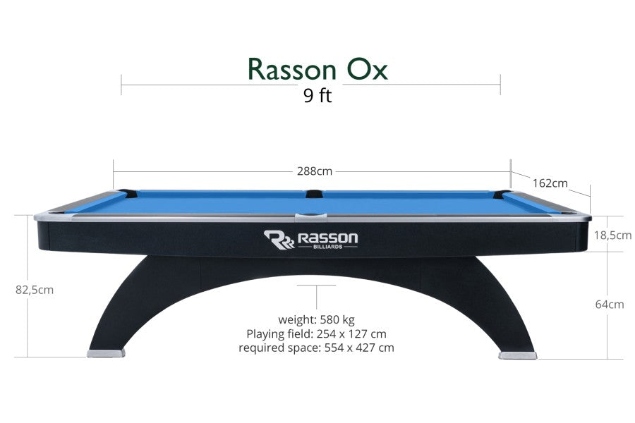 Billardtisch, Pool, Rasson Ox, 9 ft. (Fuß), schwarz, EPBF Taschenmaß, Simonis 860 rot