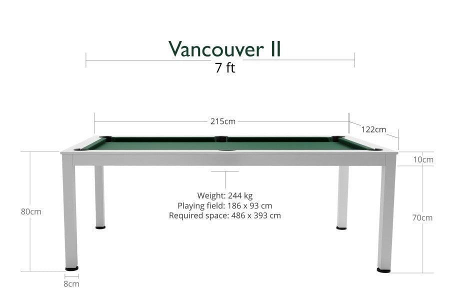 Billardtisch / Esstisch, Pool, Vancouver II, 7 ft. (Fuß), matt-weiß, Clubtuch