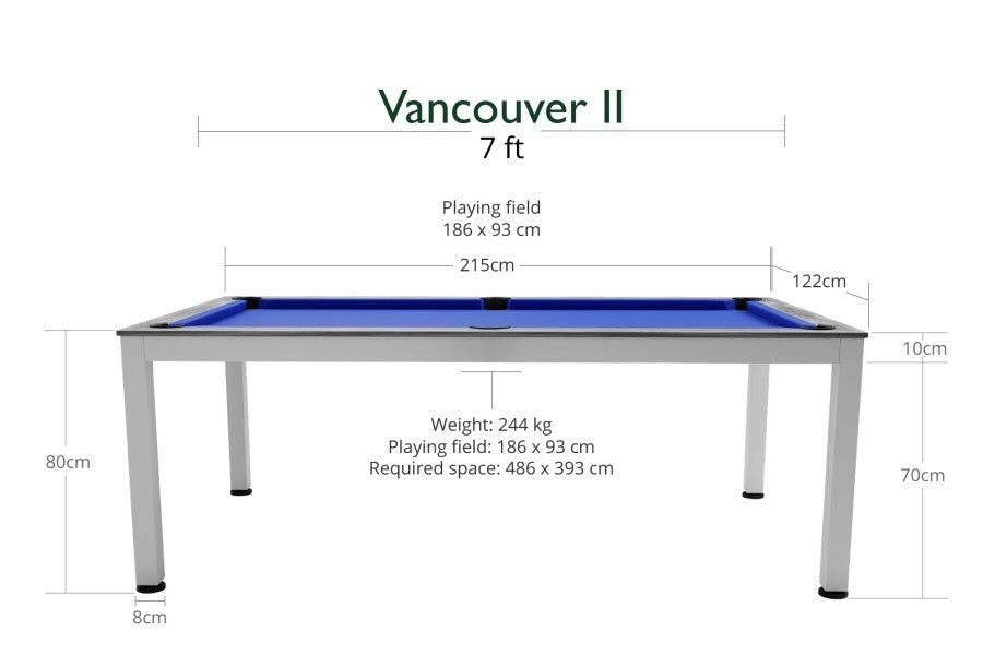Billardtisch / Esstisch, Pool, Vancouver II, 7 ft. (Fuß), weiß/grau, Clubtuch