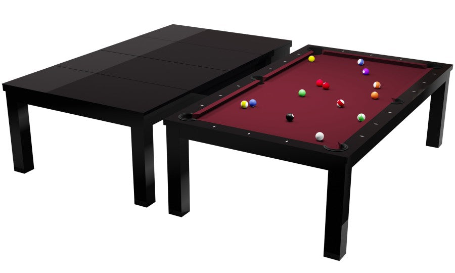 Billardtisch / Esstisch, Pool, Rasson Penelope II, inkl. Abdeckplatte, schwarz-glänzend, 7 ft., Simonis 760 burgund