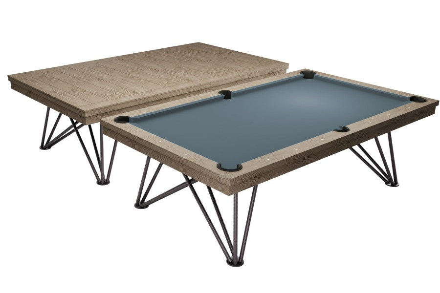 Billardtisch / Esstisch, Pool, Rasson Dauphine, gebeizte Eiche, 7 ft., Simonis 760 puderblau