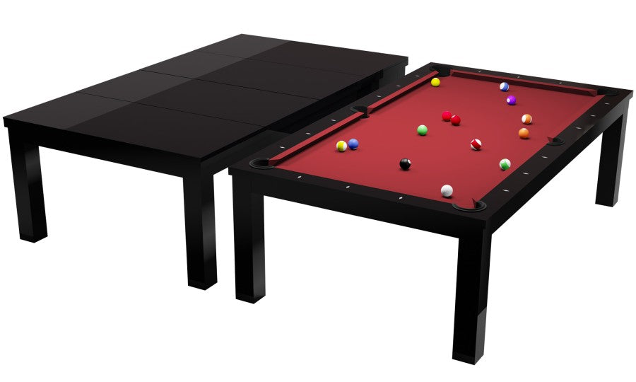 Billardtisch / Esstisch, Pool, Rasson Penelope II, inkl. Abdeckplatte, schwarz-glänzend, 7 ft., Simonis 860 rot