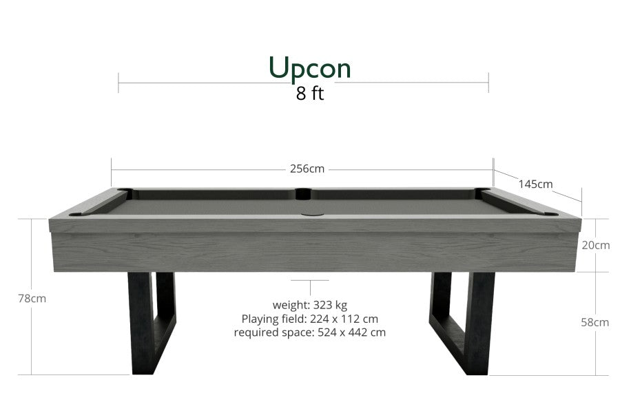 Billardtisch, Pool, Upcon, 8 ft. (Fuß), graue Eiche, 8 ft., Clubtuch gelbgrün
